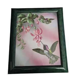 Crystal Skelly Hummingbird Fuchsia Floral Print Framed Wall Art